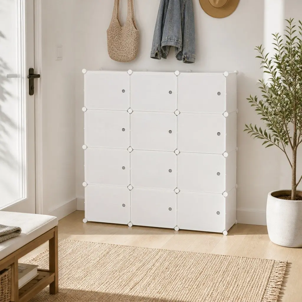 Shoe Storage Rack Stackable Organizer 12-Unit White Steel Frame PP Plastic Panels