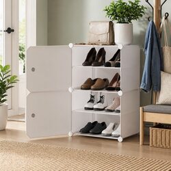 Shoe Rack Storage Cube Stackable Set of 2 White Organizer Cabinet