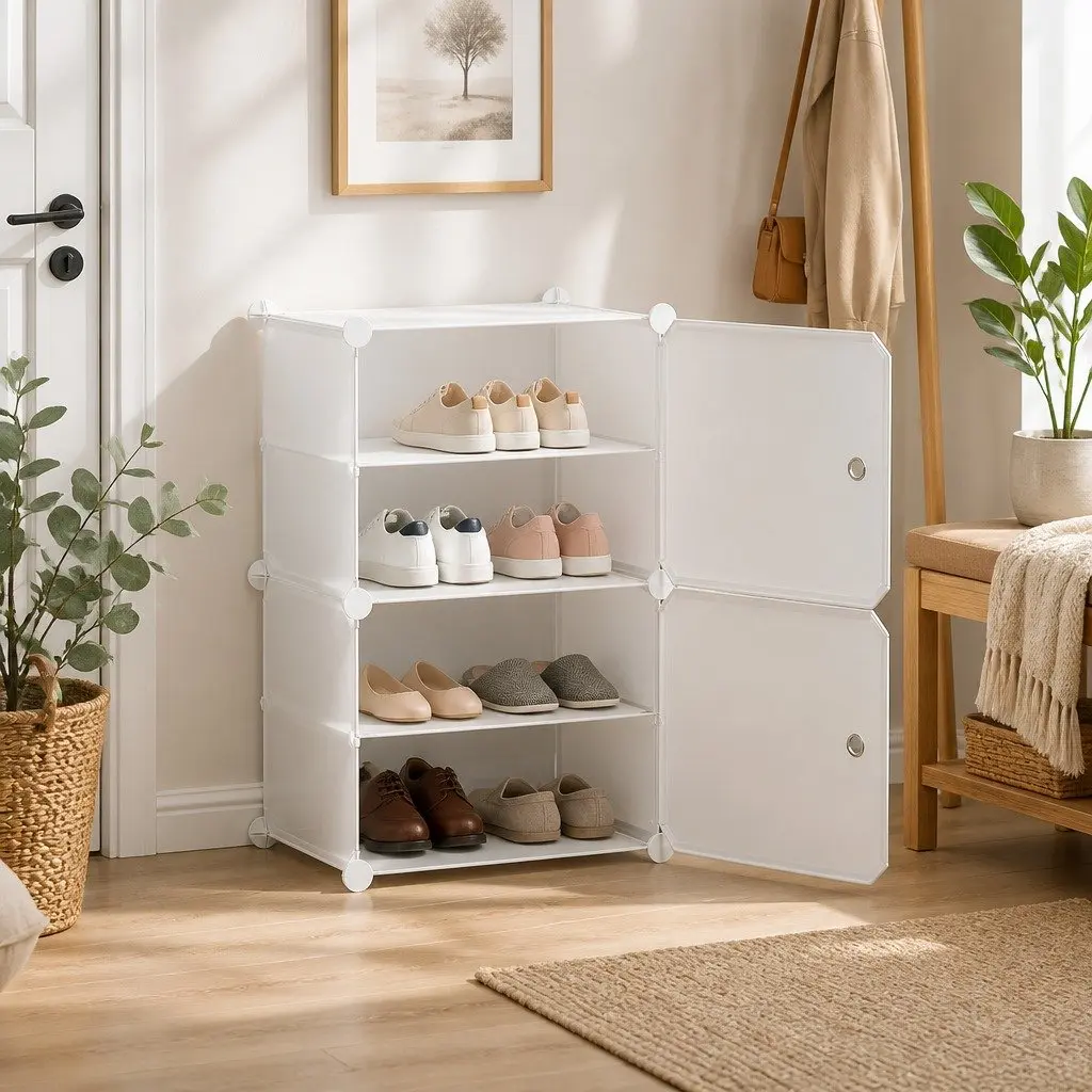 Shoe Storage Stackable Organizer Set of 2 White Cabinet