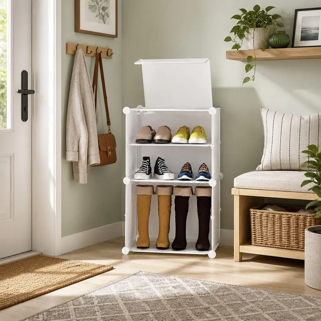 Shoe Storage Stackable Organizer Set of 2 White Cabinet