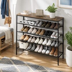 5-Tier Shoe Rack Storage Organizer 25 Pairs Open Shelves Metal Frame Wood