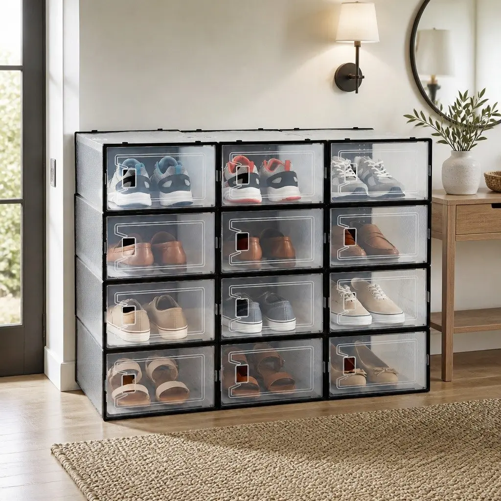 Shoe Storage Box Set of 12 Stackable Transparent Black Organiser DIY Assembly