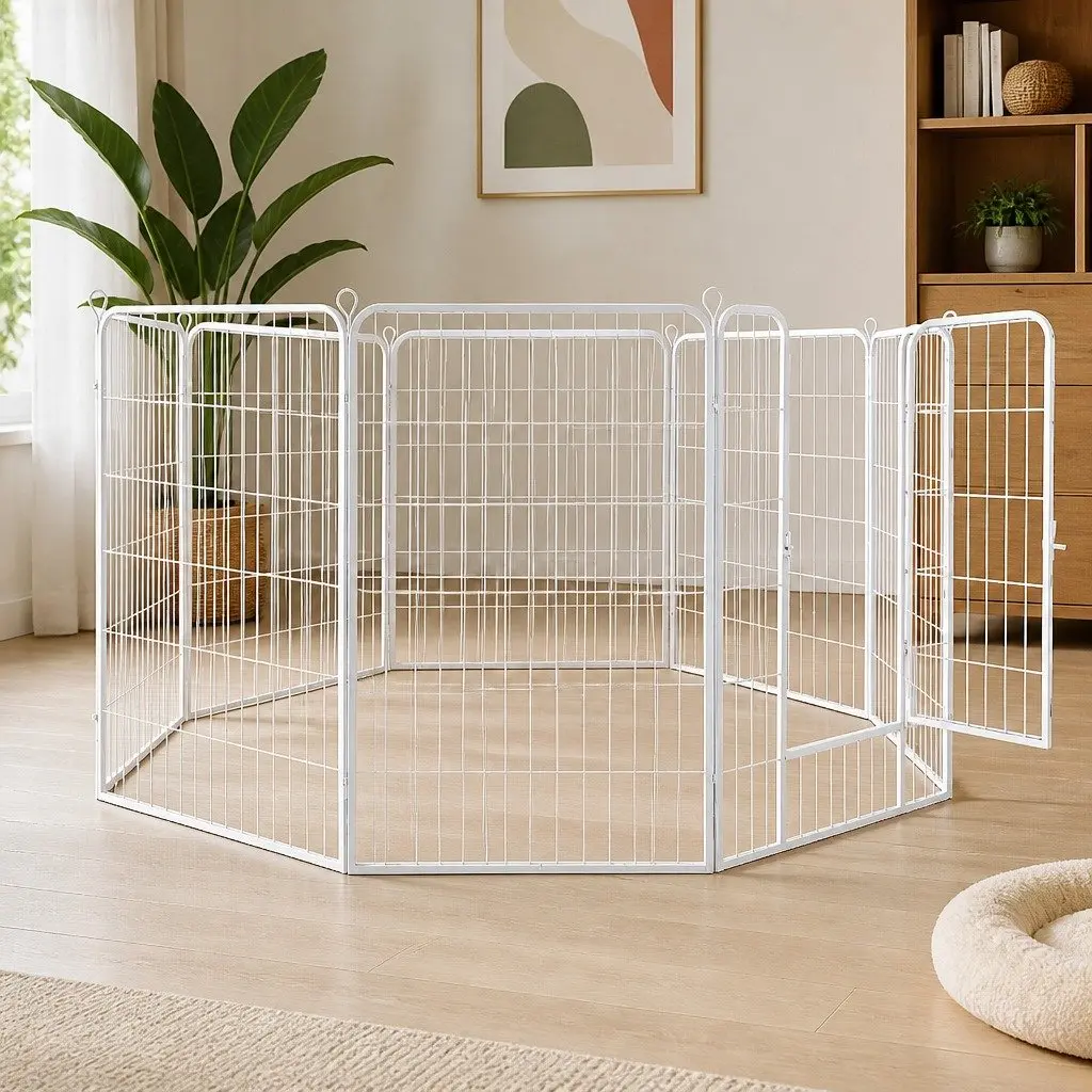 Pet Playpen 8 Panel Foldable Portable Enclosure with Step Through Door White Steel