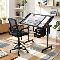 Drawing Desk and Drafting Chair Set Adjustable Tilting Glass Top Studio