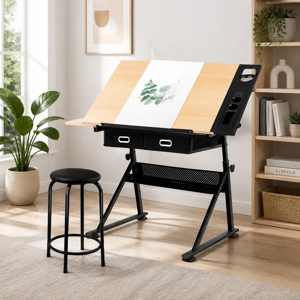 Drafting Table Drawing Desk Adjustable Tilt Top Natural MDF Black Frame with Stool Set