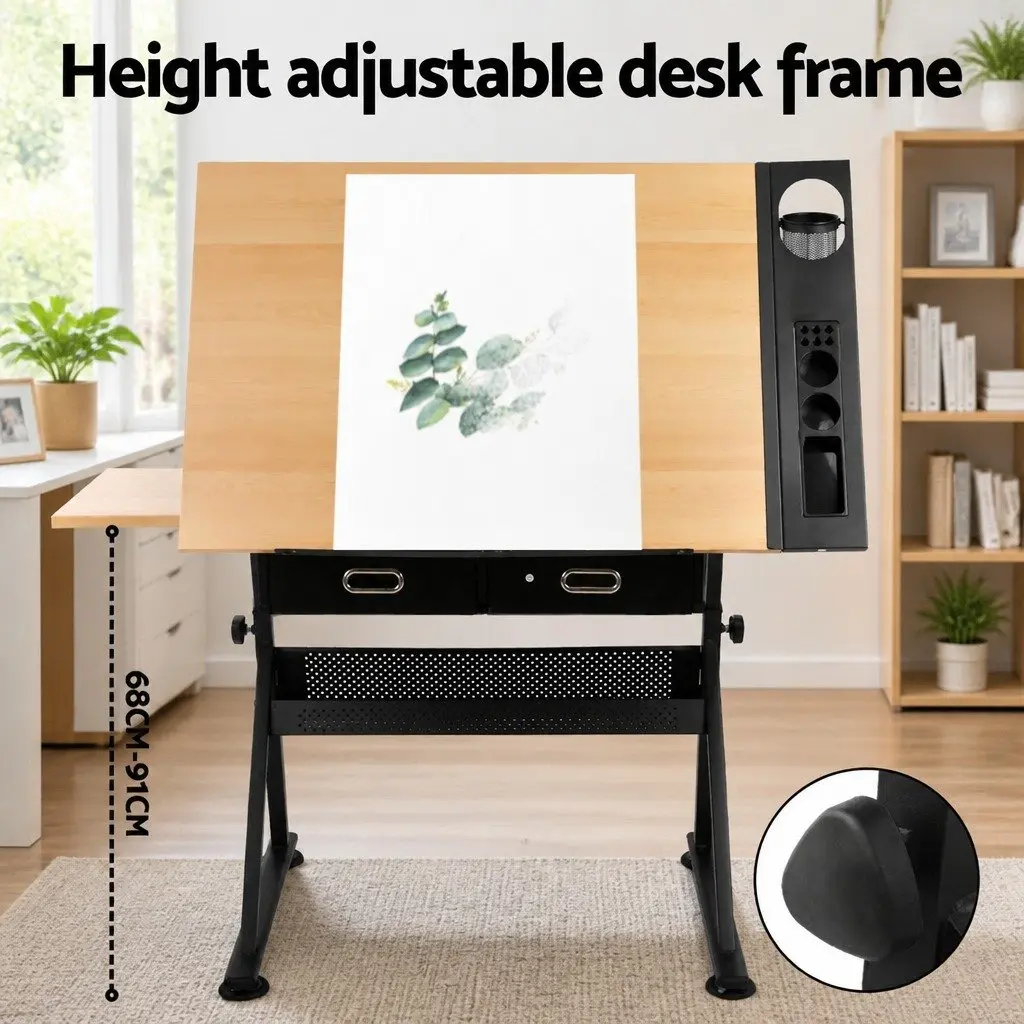 Drafting Table Drawing Desk Adjustable Tilt Top Natural MDF Black Frame with Stool Set