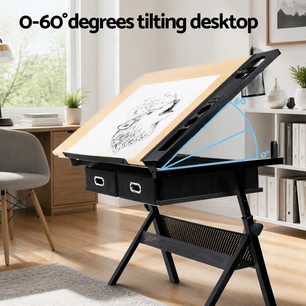 Drafting Table Drawing Desk Adjustable Tilt Top Natural MDF Black Frame with Stool Set