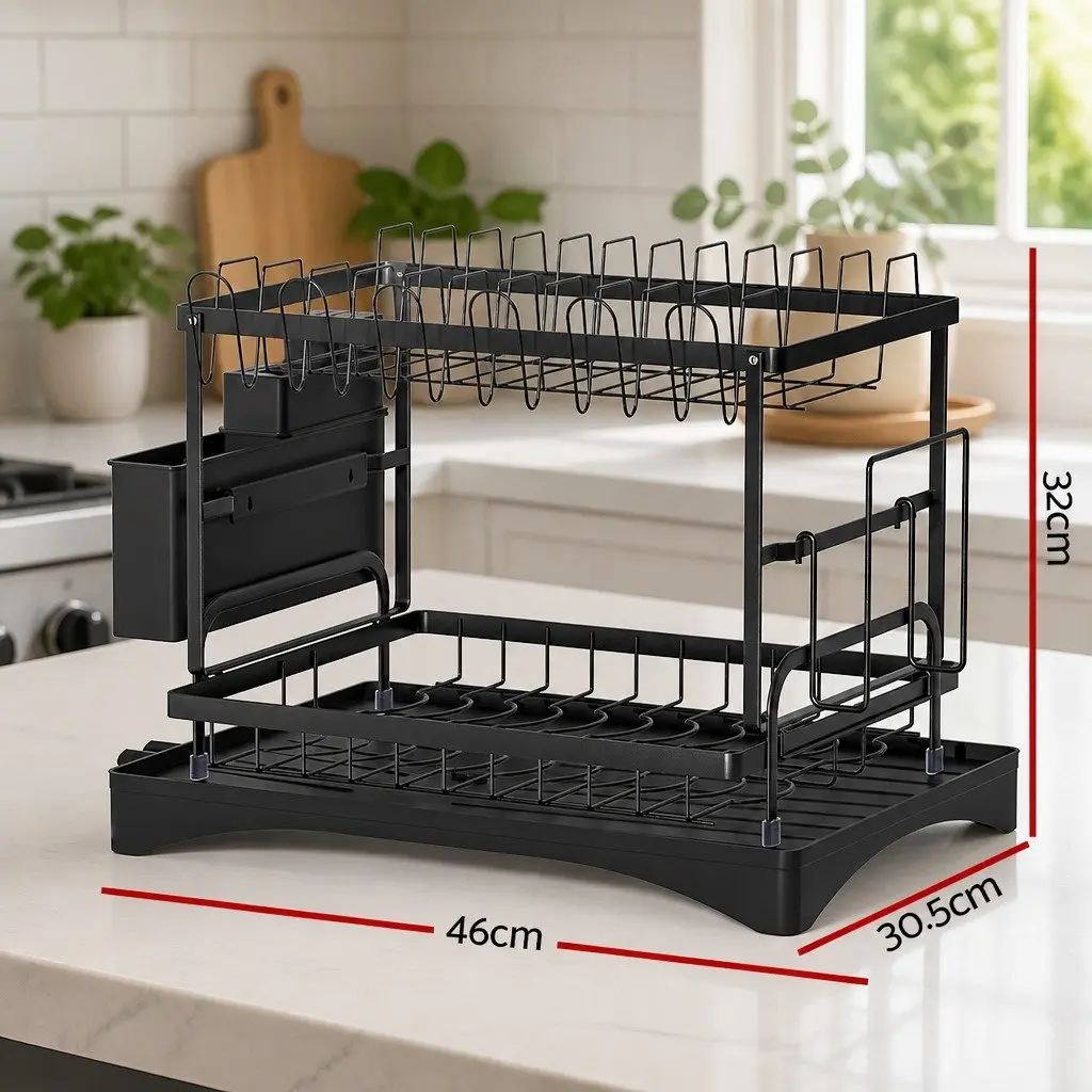 Dish Rack Two Tier Expandable Drying Drainer with Cutlery Holder Black Steel
