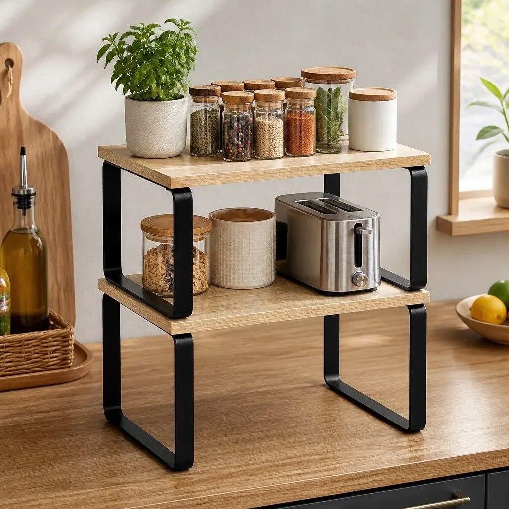 Kitchen Storage Shelves Rack Organiser Set of 2 Pine Wood Metal Cabinet