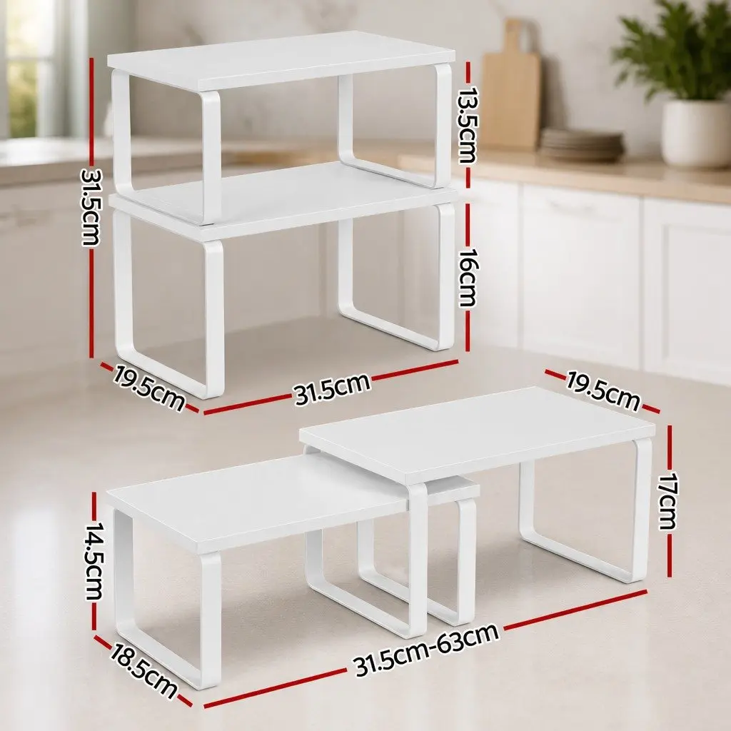 Kitchen Storage Shelves Rack Organiser Set of 2 White Powder-coated Carbon Steel and Engineered Wood