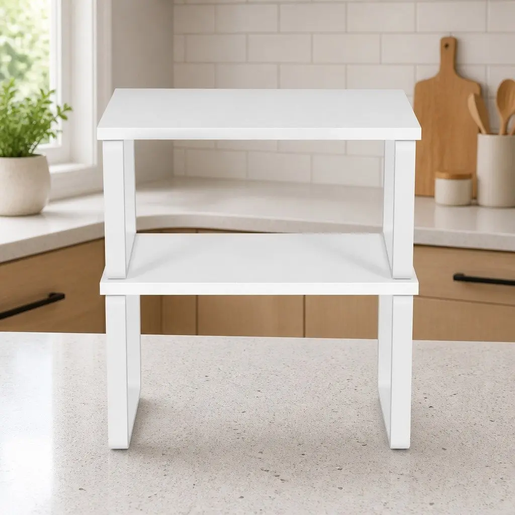 Kitchen Storage Shelves Rack Organiser Set of 2 White Powder-coated Carbon Steel and Engineered Wood