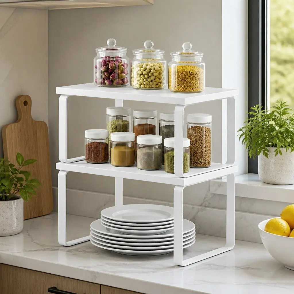 Kitchen Storage Shelves Rack Organiser Set of 2 White Powder-coated Carbon Steel and Engineered Wood