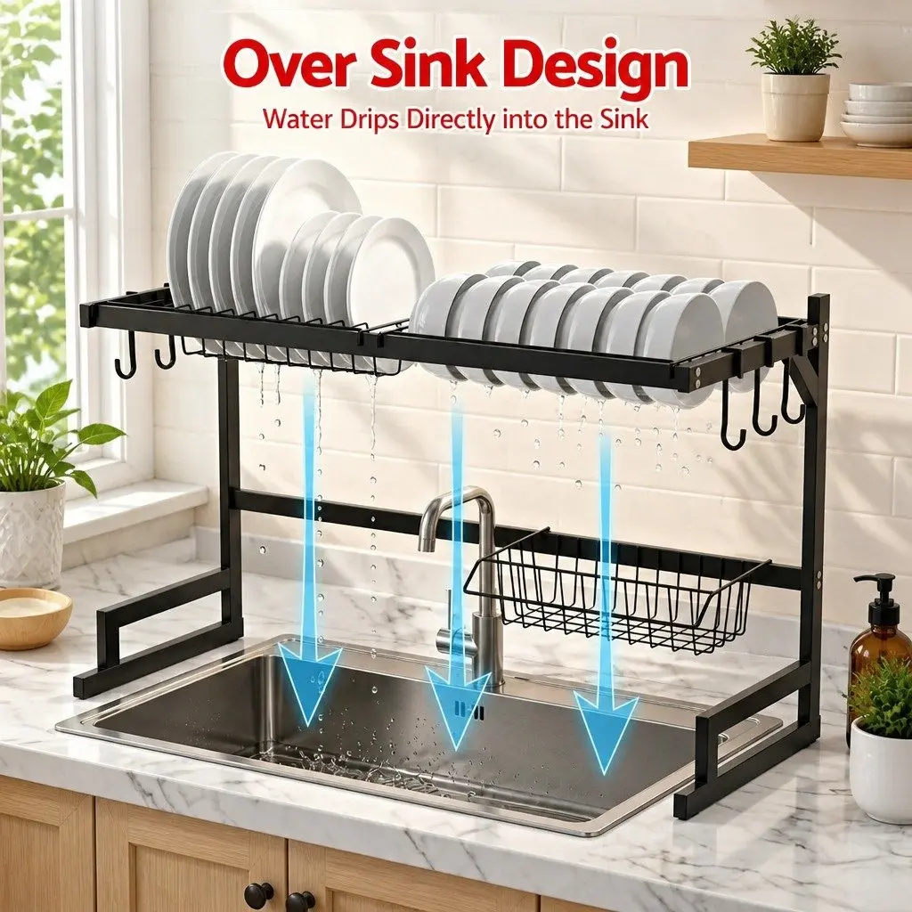 Dish Drying Rack 2 Tier Over Sink Organiser Black