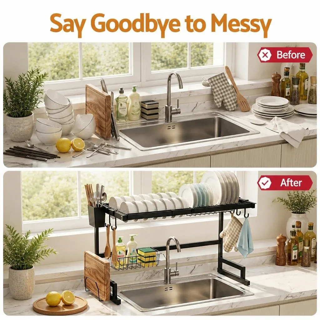Dish Drying Rack 2 Tier Over Sink Organiser Black