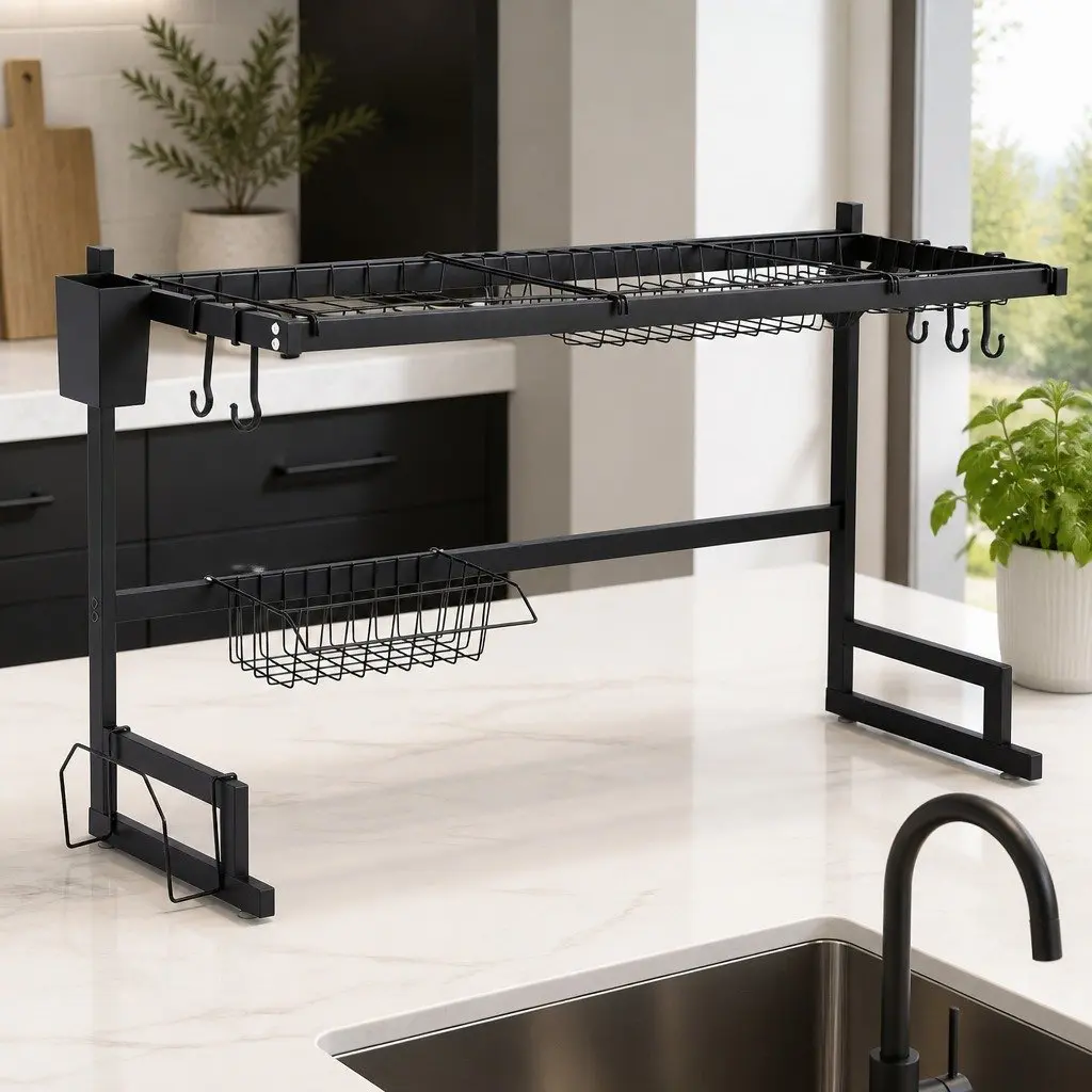 Dish Drying Rack 2 Tier Over Sink Kitchen Organiser Storage Black Drainer