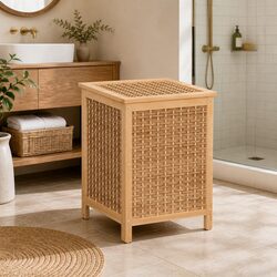 Laundry Hamper Wooden Storage Cabinet Bathroom Organiser Clothes Bag Natural