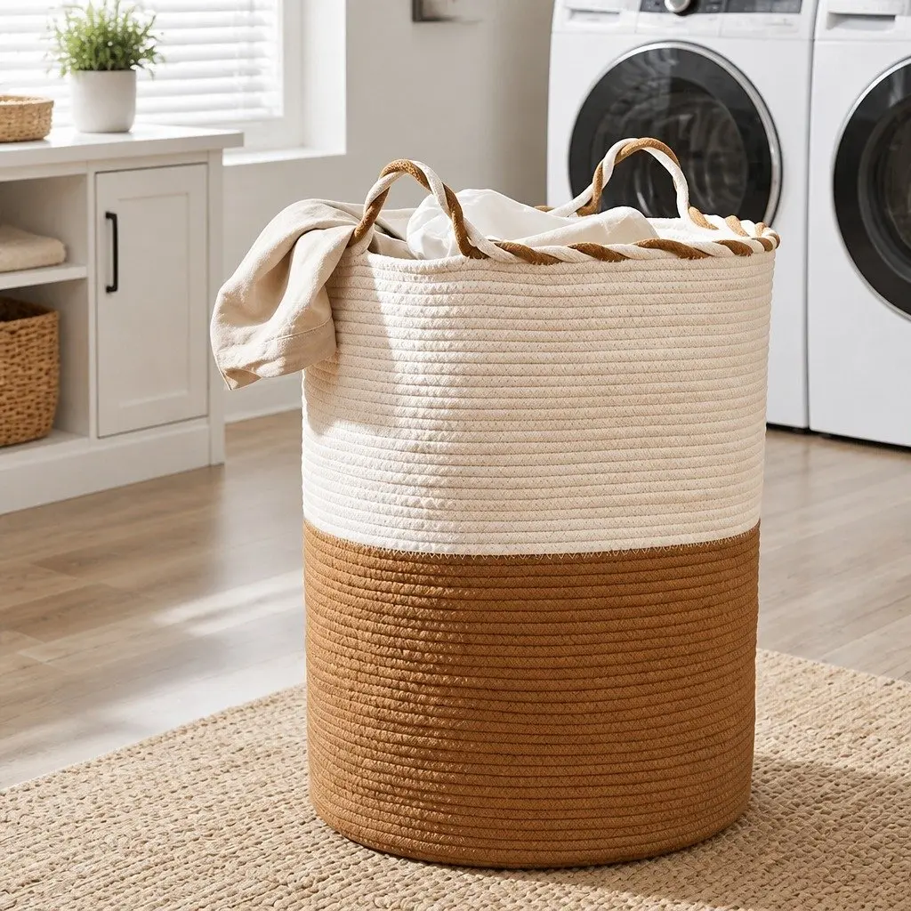 Woven Laundry Basket with Handles Foldable Cotton Rope Storage Hamper 47L