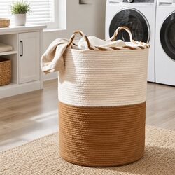 Woven Laundry Basket with Handles Foldable Cotton Rope Storage Hamper 47L