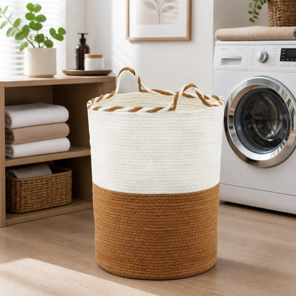 Woven Laundry Basket Foldable Cotton Rope 47L White and Brown