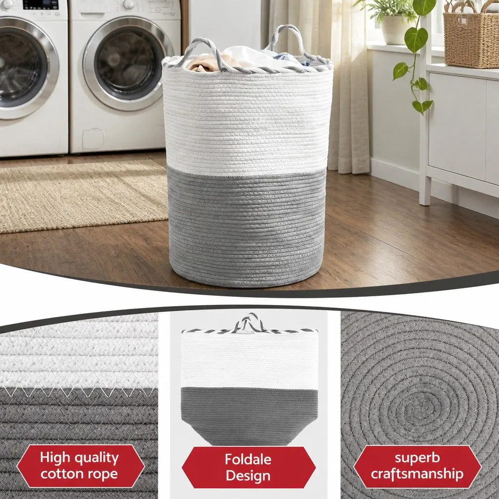 Woven Laundry Basket Foldable Cotton Rope 47L White Grey