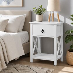 Bedside Table 1 Drawer with Shelf White Rustic Nightstand Storage Bedroom