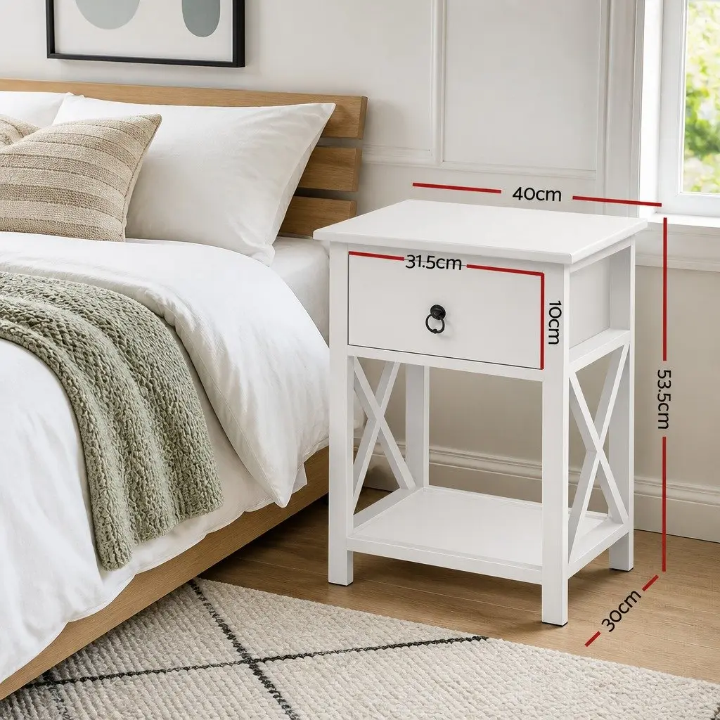 Bedside Table 1 Drawer with Shelf White Rustic Nightstand Storage Bedroom