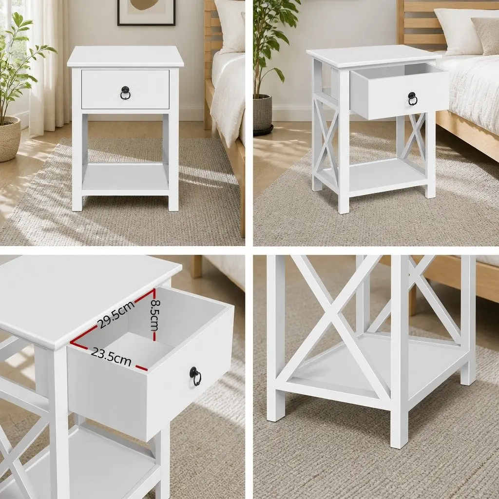 Bedside Table 1 Drawer with Shelf White Rustic Nightstand Storage Bedroom