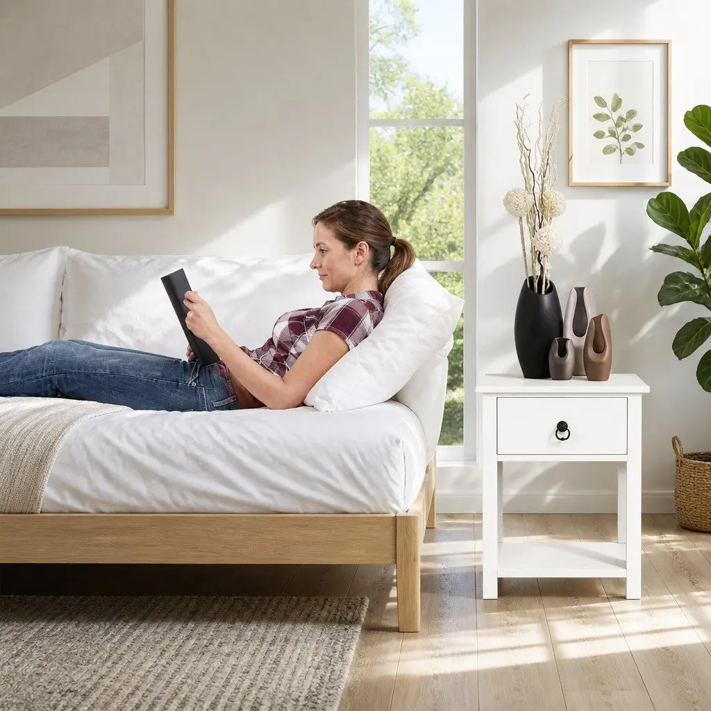 Bedside Table 1 Drawer with Shelf White Rustic Nightstand Storage Bedroom
