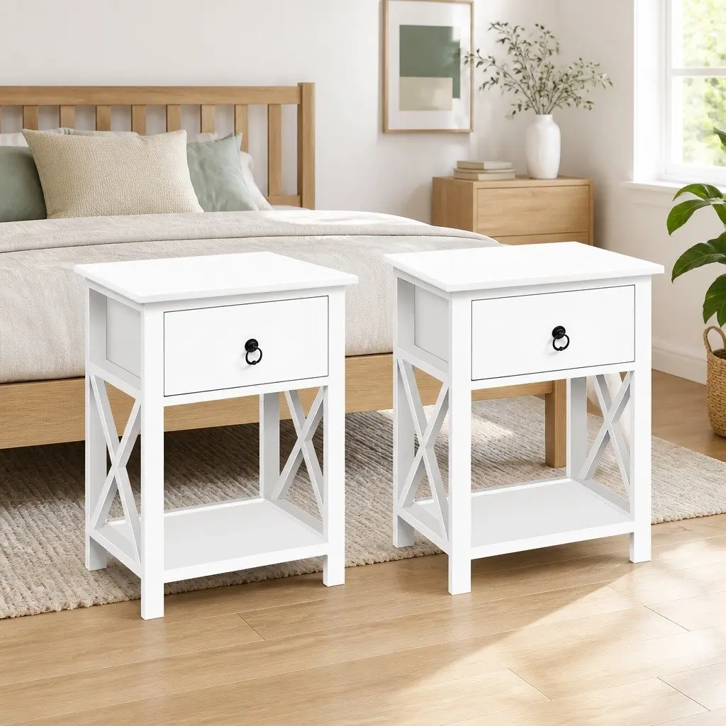 Bedside Table 1 Drawer with Shelf White Rustic Nightstand Storage Bedroom