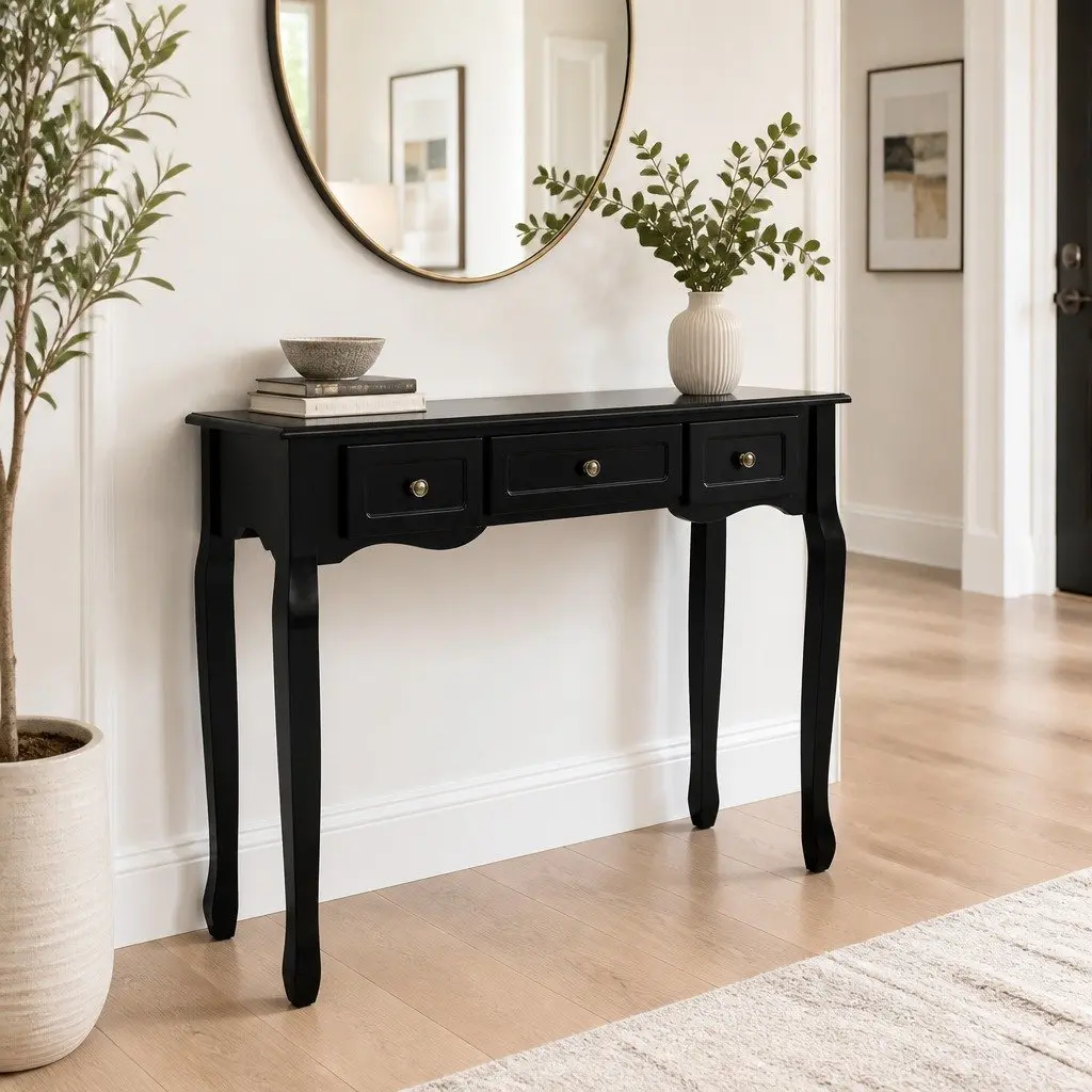 Console Table 3 Drawers Black French Provincial Hallway Bedroom Storage
