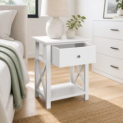 Bedside Table with Drawer and Shelf White Storage Nightstand Bedroom Furniture