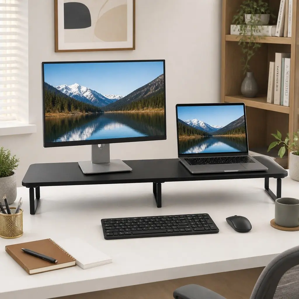 Dual Monitor Stand 100cm Wide Riser Desk Organiser Black