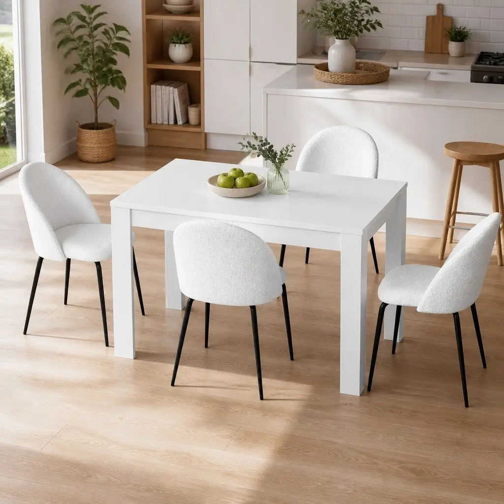 Dining Table and 4 Chairs Set White Sherpa Fabric Kitchen Dining Room Furniture