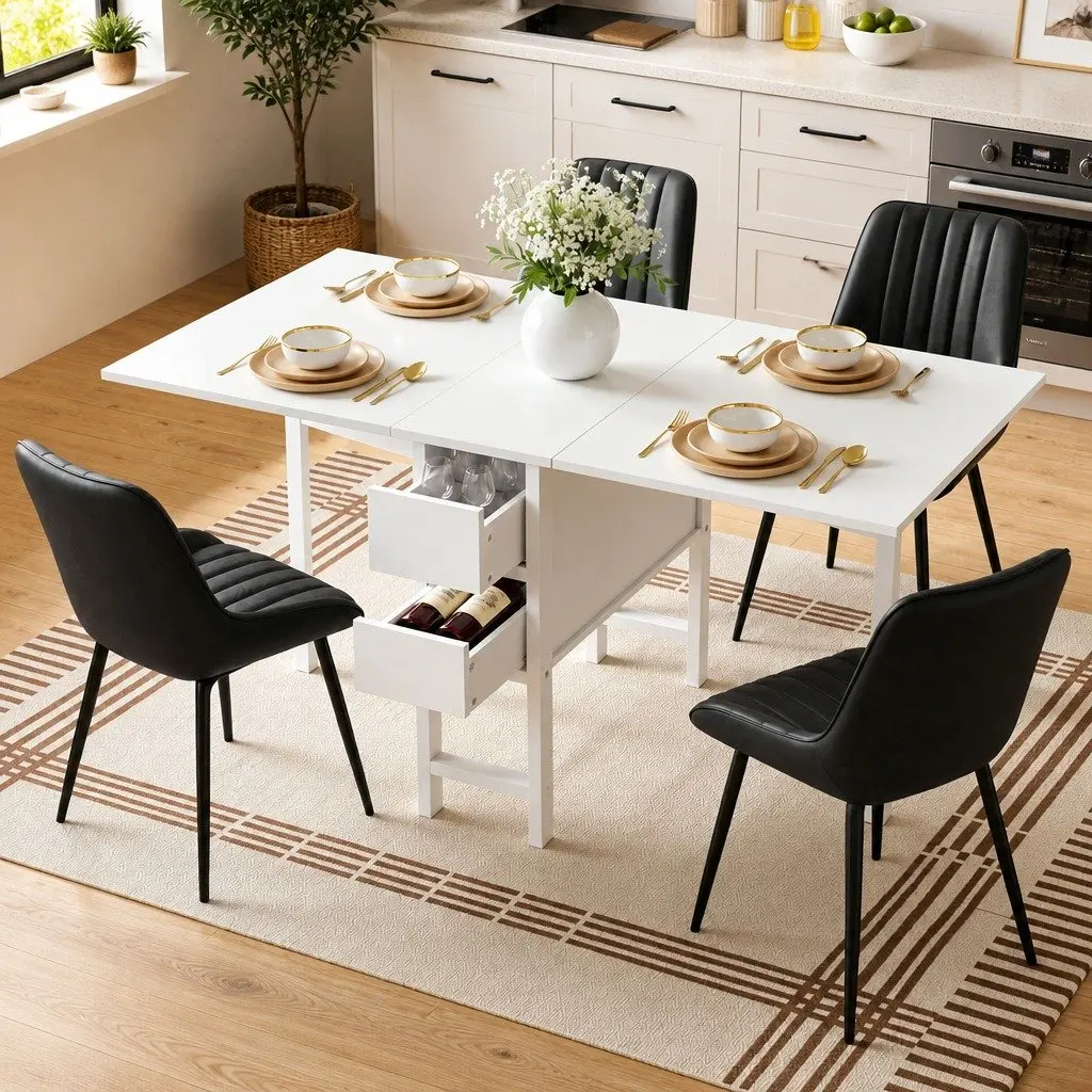 Dining Set 5 Piece Gateleg Folding Table and Chairs Kitchen Furniture Black White