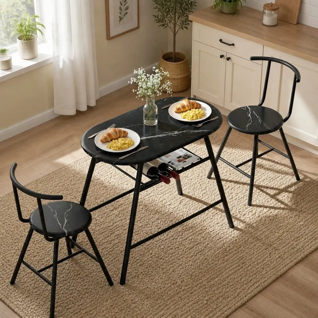 Dining Table Set 3PC Bistro Kitchen Storage Wine Rack Black Marble Oval Compact