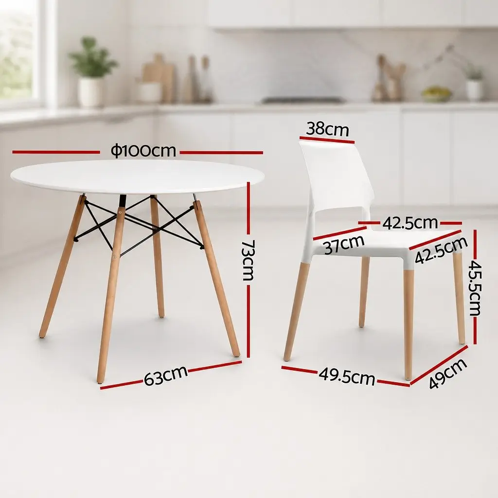 Dining Table and 4 Chairs Set Round White 100cm Kitchen Furniture Beech Wood