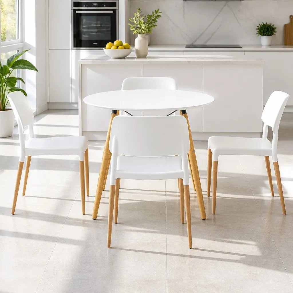 Dining Table and 4 Chairs Set Round White 100cm Kitchen Furniture Beech Wood