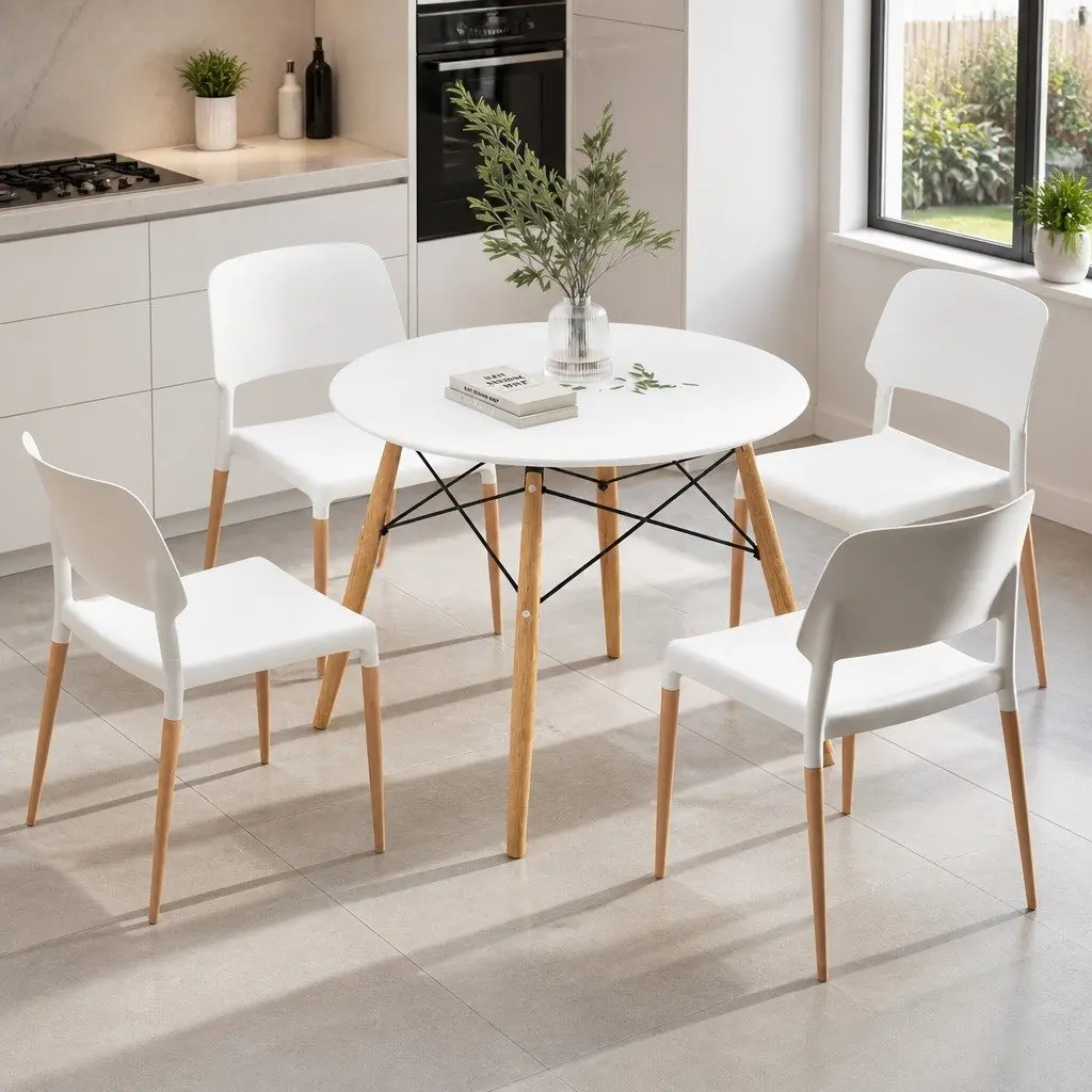 Dining Table and 4 Chairs Set Round White 100cm Kitchen Furniture Beech Wood
