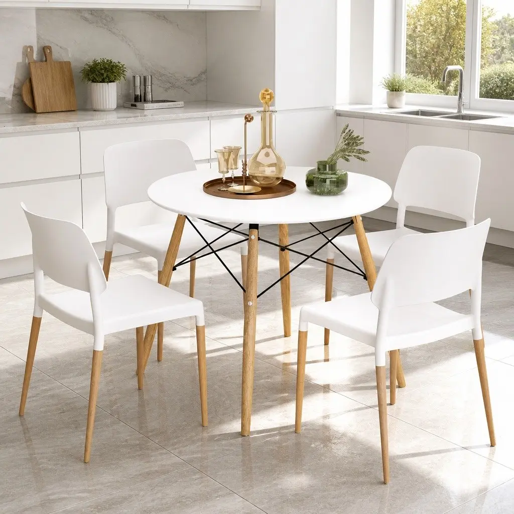 Dining Table and 4 Chairs Set Round White 100cm Kitchen Furniture Beech Wood
