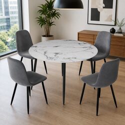 Dining Table and 4 Chairs Set Round Marble Grey Industrial Modern Furniture