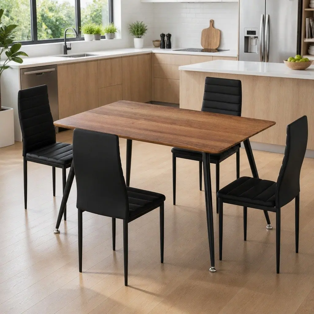 Dining Set Industrial Style Rectangle Table with Metal Legs and 4 Cushioned Chairs Wood Grain Top
