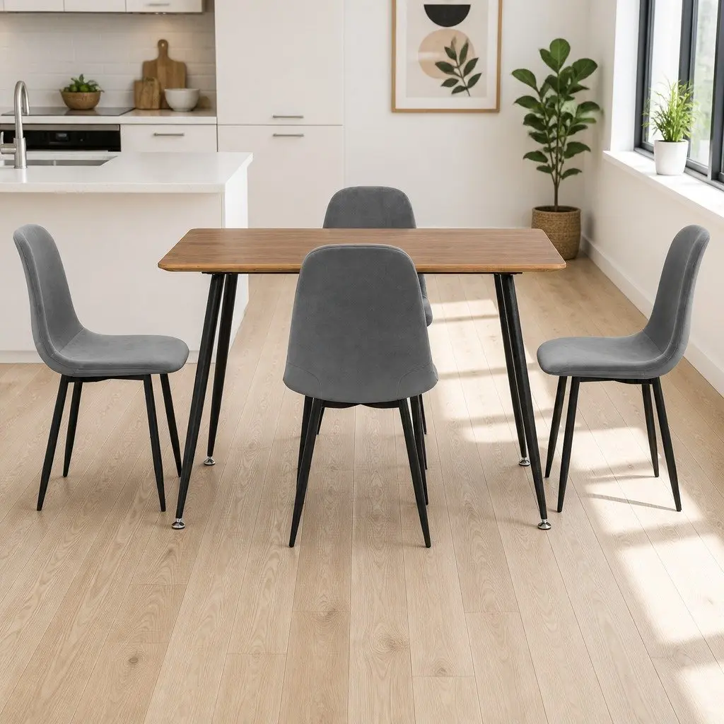 Dining Set Industrial Style MDF Tabletop Metal Legs Grey Oak