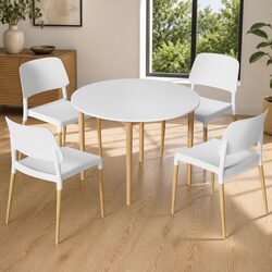 Dining Table and 4 Chairs Set White Round Kitchen Furniture Easy Assembly