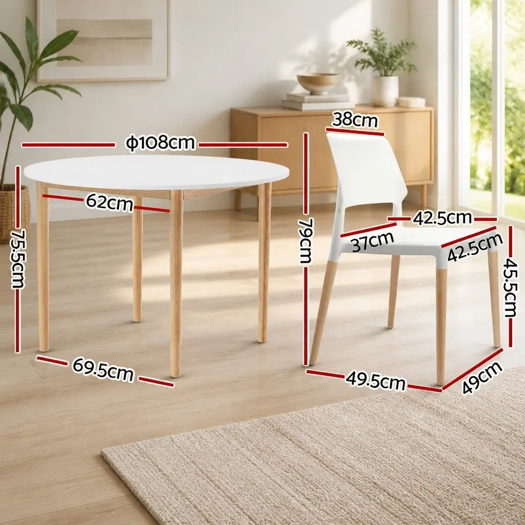 Dining Table and 4 Chairs Set White Round Kitchen Furniture Easy Assembly