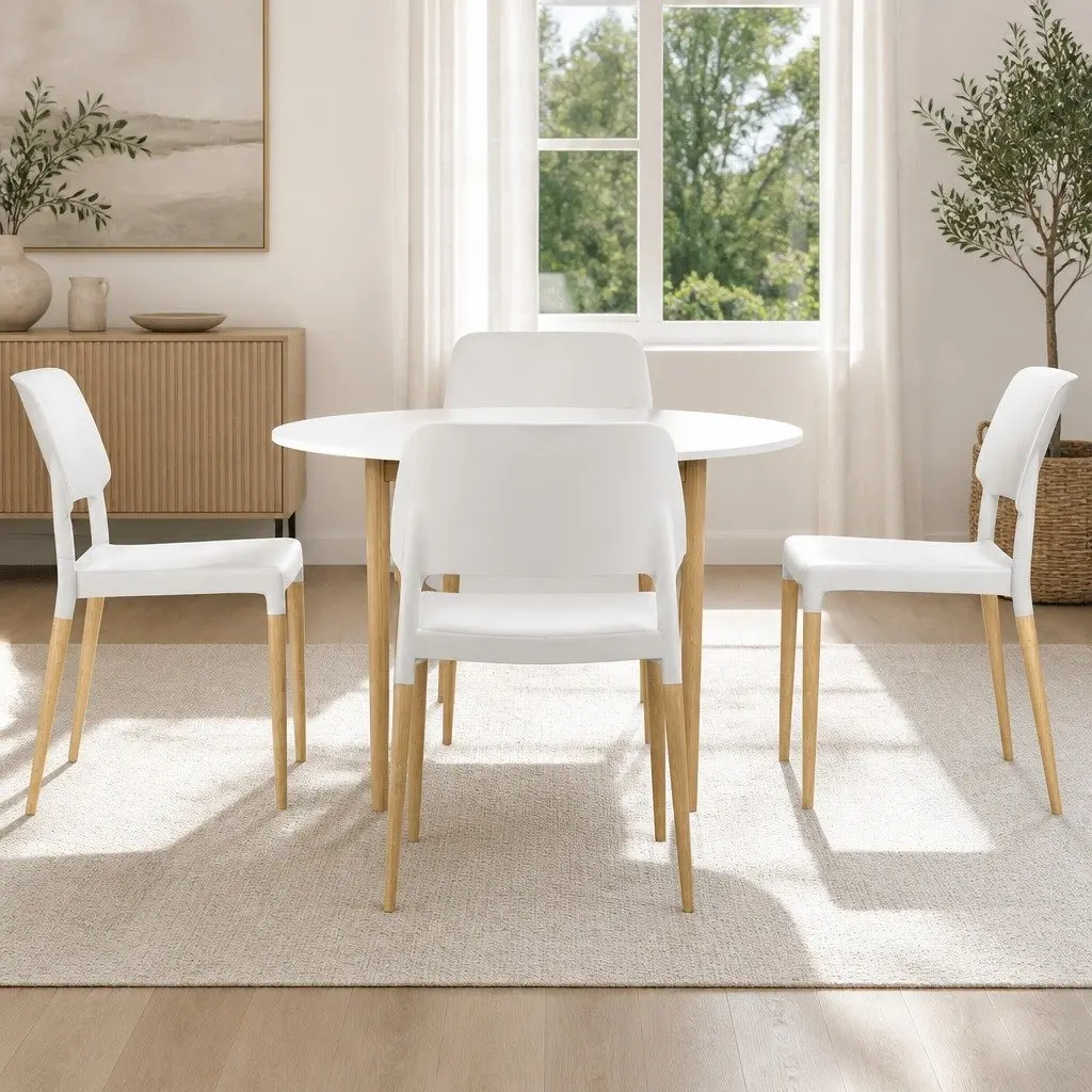 Dining Table and 4 Chairs Set White Round Kitchen Furniture Easy Assembly