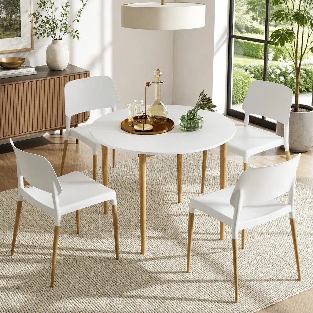Dining Table and 4 Chairs Set White Round Kitchen Furniture Easy Assembly