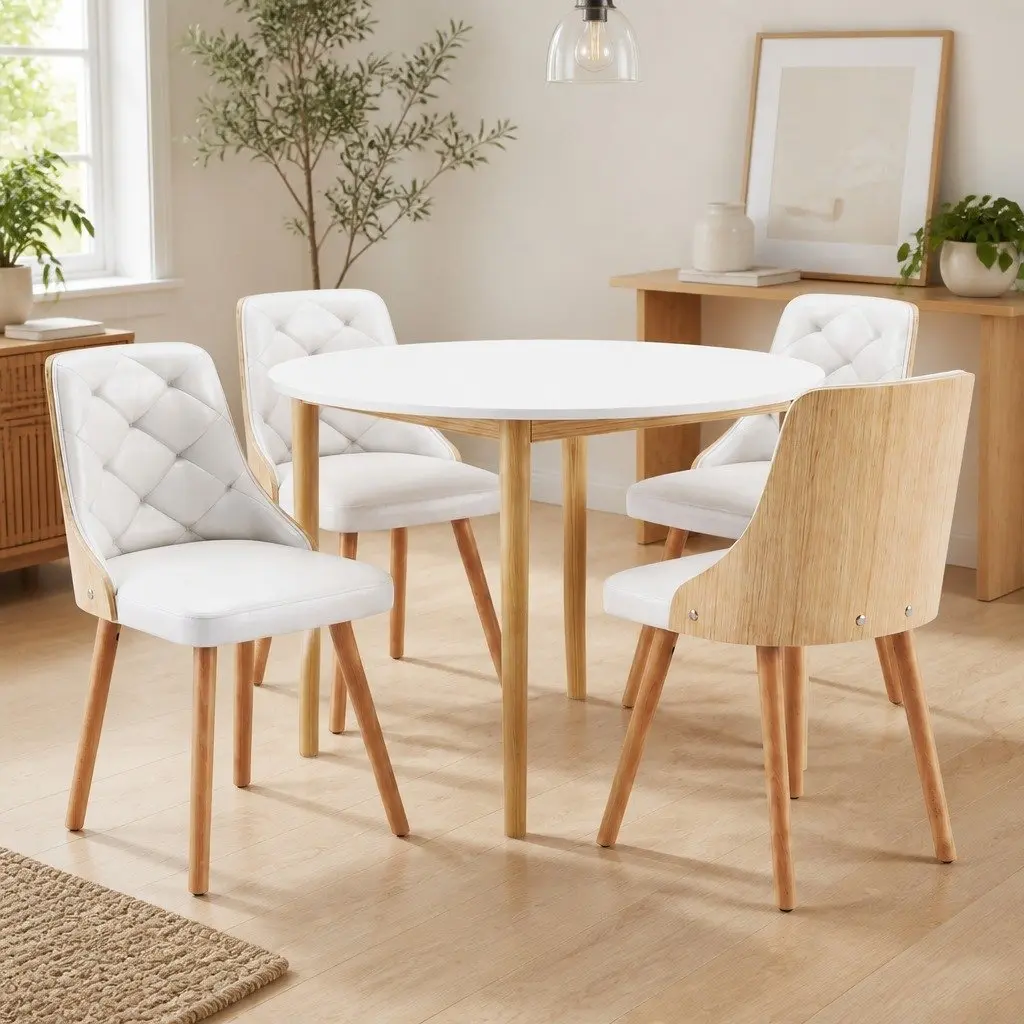 Dining Table and Chairs Set 5PCS Round 4 Seater White PU Leather Modern Kitchen
