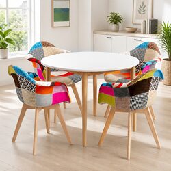 Dining Table and 4 Mid Century Chairs Set Round White MDF Top Pine Legs Linen