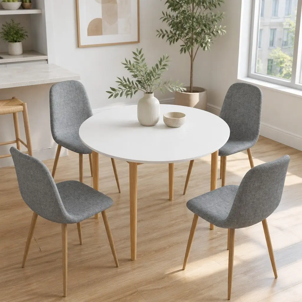 Round Dining Table and 4 Chairs Set White Grey Kitchen Cafe Dining Room 5 Piece
