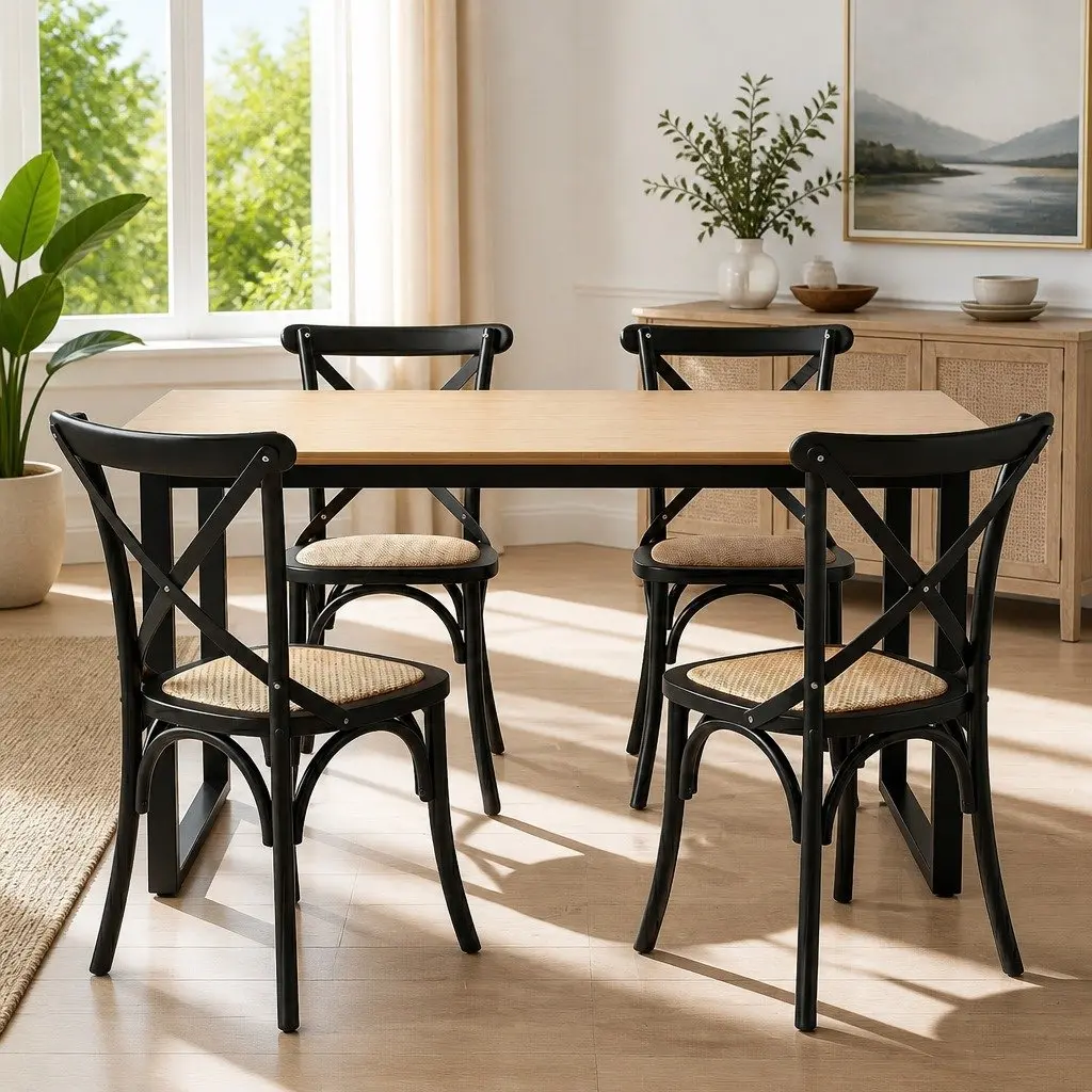 Dining Table and Chairs Set 5PCS Industrial 4 Seater Rattan Kitchen Dining Room